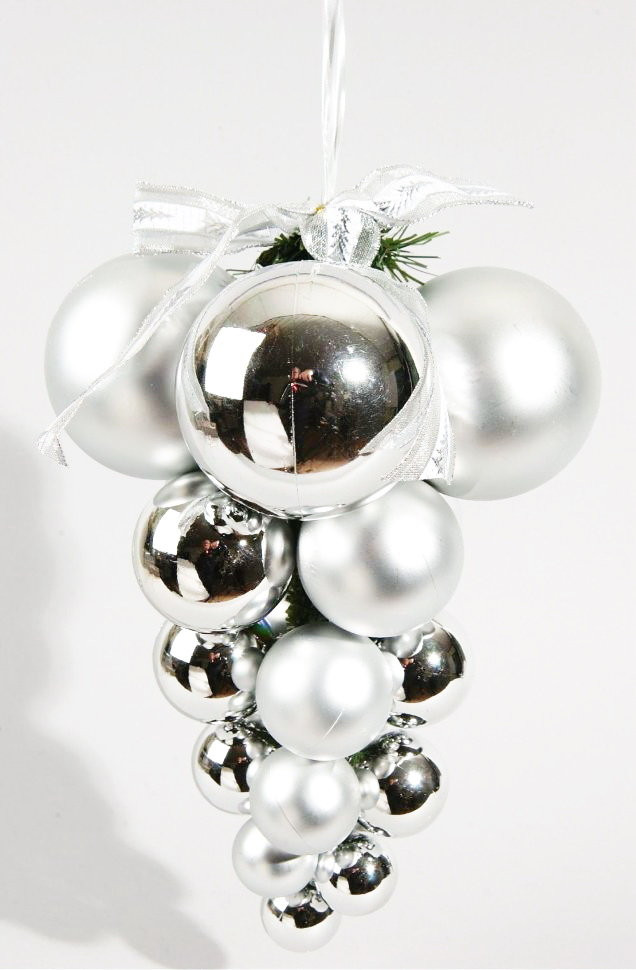 Гроздь новогодних шаров, пластик, 20 шт. разного диаметра, серебро, Kaemingk (978207)