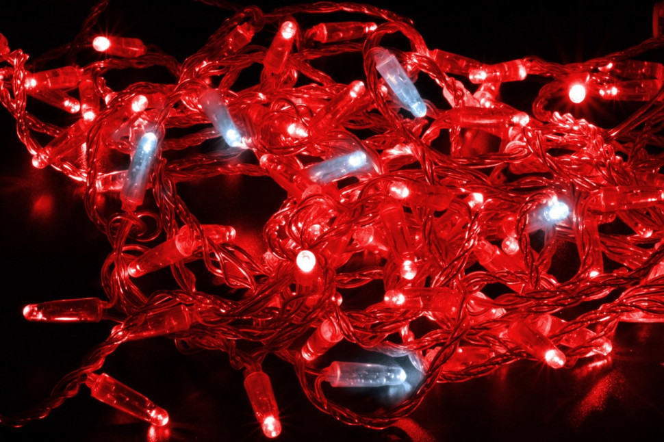 Светодиодная нить 100 красных LED ламп, 10 м., 24В, мерцание, прозрачный провод ПВХ, Teamprof (TPF-S10CF-24V-CT/R)