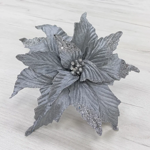Декоративный цветок Пуансеттия 28 см., серебро, на клипсе, Christmas De Luxe (83425-87299) — 