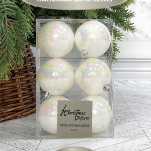 Набор пластиковых шаров Парис 80 мм., белый перламутр, 6 шт., Christmas DeLuxe (87570)