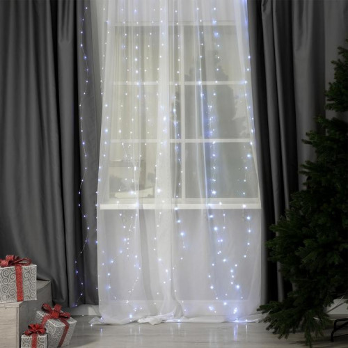 Занавес-роса 2.8×3 м. на крючках, пульт, IP20, серебристая нить, 300 белых LED, 8 режимов, USB, Luazon Lighting (4814716)