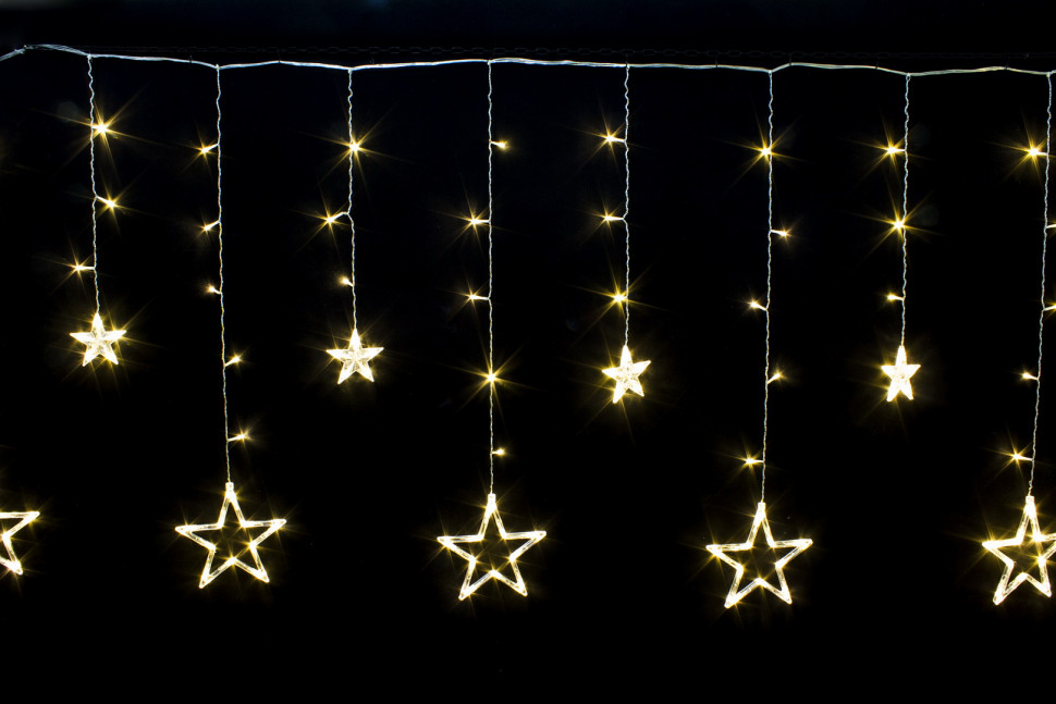 Светодиодная бахрома Звезды 2.5*0.95 м., 220V, 138 теплых белых LED ламп, прозрачный провод, контроллер, Winner (ww.02.5Т.138.S+) в Казани