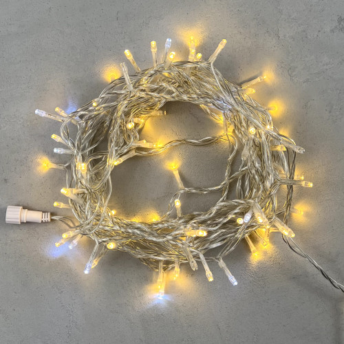 Светодиодная нить 100 теплых белых LED ламп с мерцанием, 10 м., 24В, прозрачный провод ПВХ, LTC (PST100BLW-10-1WW)