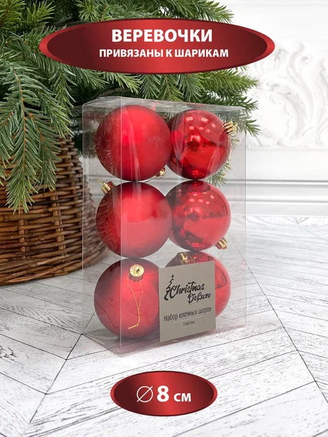 Набор пластиковых шаров Парис 80 мм., красный, 6 шт., Christmas De Luxe (87568)