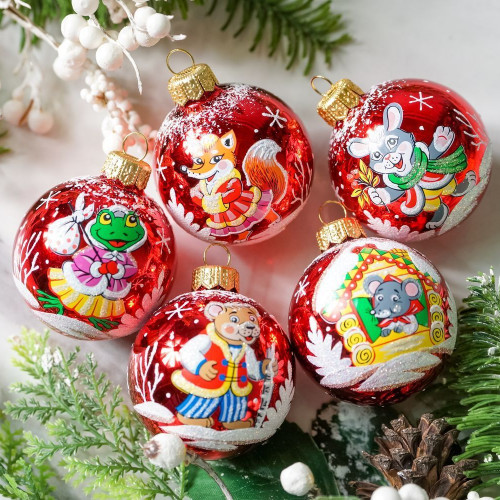 С2392/1 Набор стеклянных шаров Теремок 5 шт., 60 мм., красный,  Ёлочка в Санкт-Петербурге