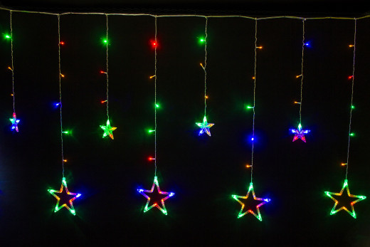 Светодиодная бахрома Звезды 2.5*0.95 м., 220V, 138 разноцветных LED ламп, прозрачный провод, контроллер, Winner (m.02.5T.138.S+) — 