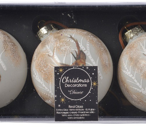 Набор стеклянных шаров Лесной Олень 80 мм., белый, 3 шт., Kaemingk (060197/1)