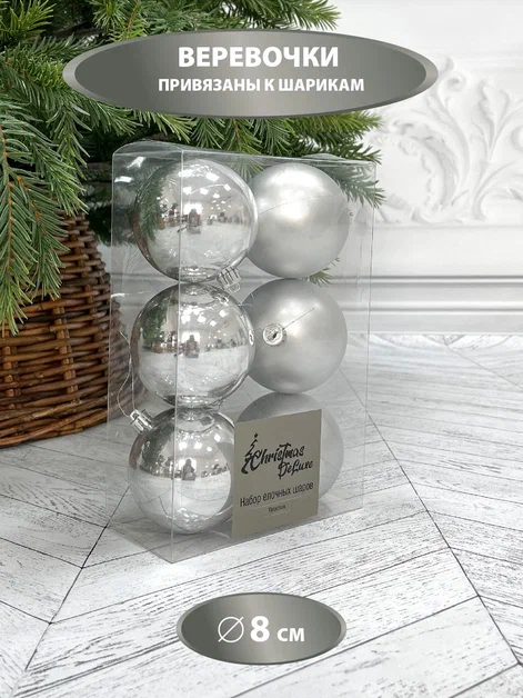 Набор пластиковых шаров Парис 80 мм., серебро, 6 шт., Christmas De Luxe (87562)
