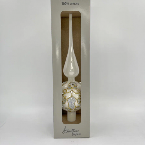 Елочная стеклянная макушка Кружевная 31 см., белая с золотом, Christmas DeLuxe (88558)  