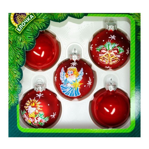 С1122/1 Набор стеклянных шаров Рождественский 5 шт., 60 мм.,красный, Ёлочка