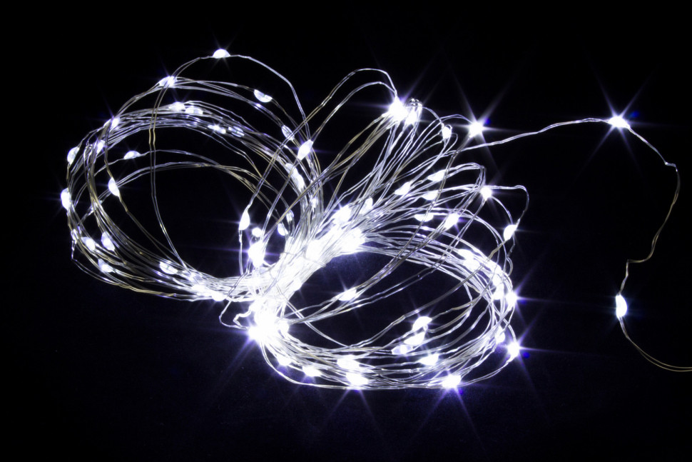 Светодиодная нить Роса 10 м., 100 холодных белых LED ламп, прозрачный провод, Winner (w.01.4T.100-)