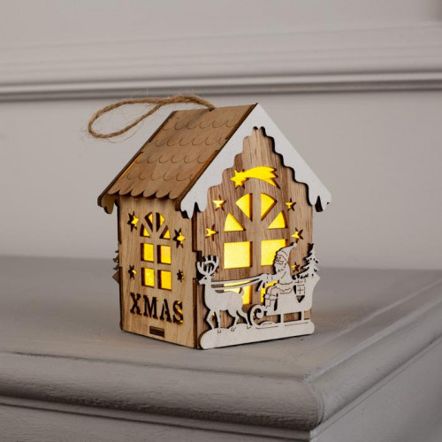 Ёлочная игрушка Домик с Дедом Морозом 11*7*8 см., от батареек, свечение тёплое белое, Luazon Lighting (6117291)