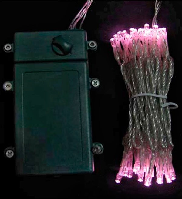 Светодиодная гирлянда 10 м., 3 батарейки типа D 4.5V, 100 LED ламп светло розового цвета, таймер, прозрачный провод, Beauty Led (EST100-4W10-8BP)