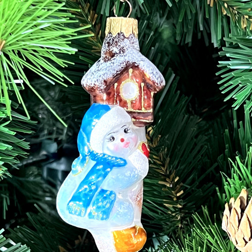 А319-синий Елочное украшение Снеговик с кормушкой, стекло, 1 шт., Витус