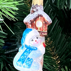 А319-синий Елочное украшение Снеговик с кормушкой, стекло, 1 шт., Витус