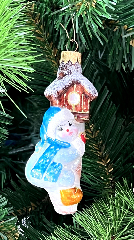Елочное украшение Снеговик с кормушкой, стекло, 1 шт., Любомир (А319-синий)