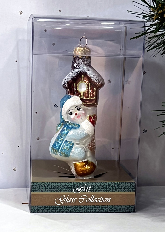 А319-синий Елочное украшение Снеговик с кормушкой, стекло, 1 шт., Витус