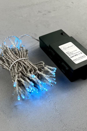 Светодиодная гирлянда 10 м., 3 батарейки типа D 4.5V, 100 LED ламп небесно голубого цвета, таймер, прозрачный провод, LTC (EST100-4W10-8SB)
