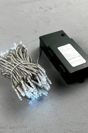 Светодиодная гирлянда 10 м., 3 батарейки типа D 4.5V, 100 LED ламп холодного белого цвета, таймер, прозрачный провод, LTC (EST100-4W10-8W)