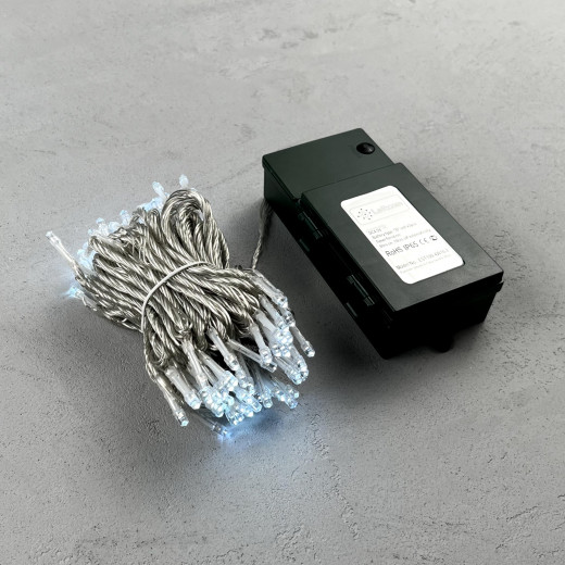 Светодиодная гирлянда 10 м., 3 батарейки типа D 4.5V, 100 LED ламп холодного белого цвета, таймер, прозрачный провод, LTC (EST100-4W10-8W) — 