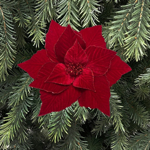 Декоративный цветок Пуансеттия 28 см., красный, на клипсе, Christmas DeLuxe (89560)