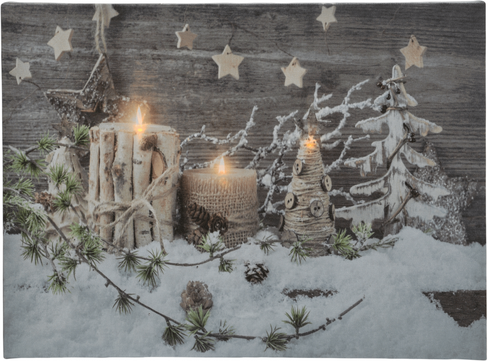 Светодиодное панно Свечи в декоре - Снежный лес 30*40 см с LED огнями, Kaemingk (483231/3) в Белгороде