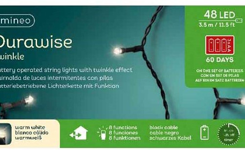 Светодиодная гирлянда на батарейках с контроллером 3.5 м., 48 теплых белых LED ламп, 3 батарейки типа АА, черный ПВХ провод, Kaemingk (497121)