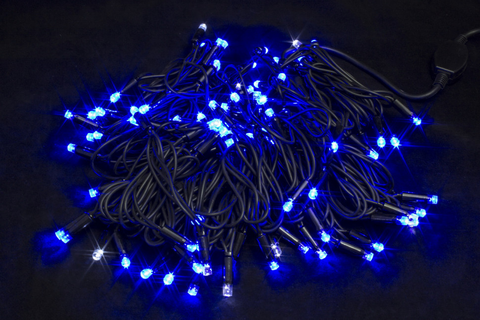 Светодиодная нить с мерцающим диодом 10 м., 220V, 100 синих LED ламп, черный каучук, соединяемая, Winner Light (b.01.7B.100+)