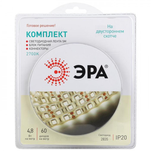 Комплект светодиодной ленты Эра 5 м., IP20, SMD2835, 60 LED/м, 12 В, 2700К, ЭРА (4762865)