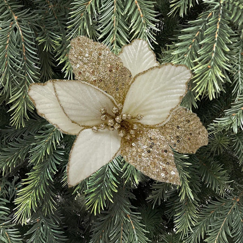 Декоративный цветок Пуансеттия 25 см., кремовый, на клипсе, Christmas DeLuxe (89565) в Санкт-Петербурге