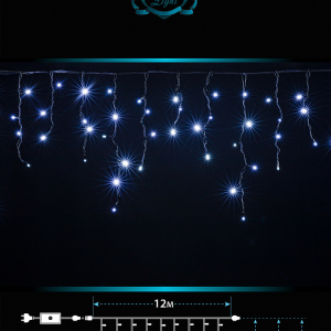 Светодиодная мерцающая бахрома 12 м., нити 0,3*0,4*0,6 м., 408 холодных белых LED, черный каучук, IP 65, соединяемая, Winner (w.02.7B.408.F+)