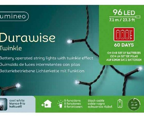 Светодиодная гирлянда на батарейках с контроллером 7.1 м., 96 холодных белых LED ламп, 3 батарейки типа АА, черный ПВХ провод, Kaemingk (497140) в Санкт-Петербурге