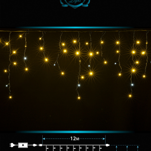 Светодиодная мерцающая бахрома 12 м., нити 0,3*0,4*0,6 м., 408 теплых белых LED, черный каучук, IP 65, соединяемая, Winner (ww.02.7B.408.F+)