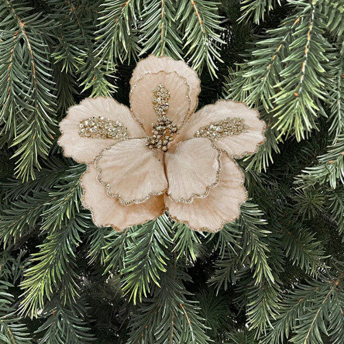 Декоративный цветок Магнолия 20 см., шампань, на клипсе, Christmas DeLuxe (89567)