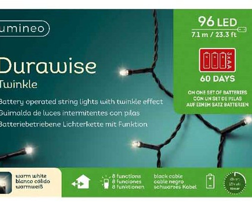 Светодиодная гирлянда на батарейках с контроллером 7.1 м., 96 теплых белых LED ламп, 3 батарейки типа АА, черный ПВХ провод, Kaemingk (497141) в Санкт-Петербурге