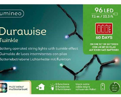 Светодиодная гирлянда на батарейках с контроллером 7.1 м., 96 разноцветных LED ламп, 3 батарейки типа АА, черный ПВХ провод, Kaemingk (497146) в Санкт-Петербурге