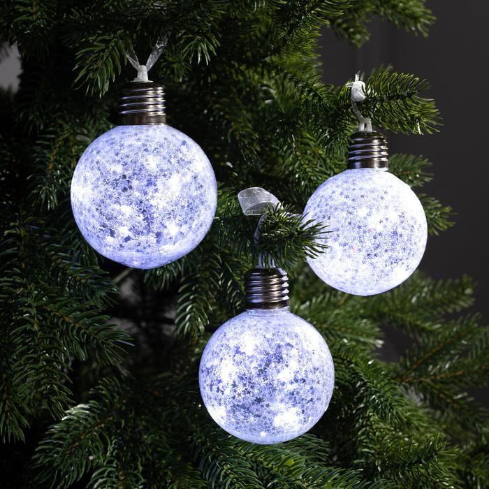 Набор ёлочных шаров Звёздочки серебрянные 9 см., 3 шт., батарейки, 5 белых LED, Luazon Lighting (4834899) в Белгороде