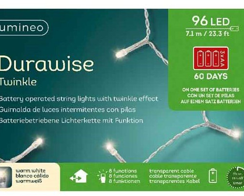 Светодиодная гирлянда на батарейках с контроллером 7.1 м., 96 теплых белых LED ламп, белый ПВХ провод, 3 батарейки типа АА, Kaemingk (497151) в Санкт-Петербурге