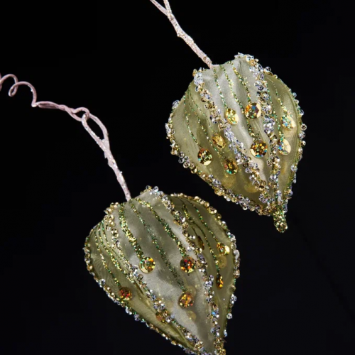 Ветвь Физалис оливковый 80 см., органза, пайетки, Christmas DeLuxe (89108)
