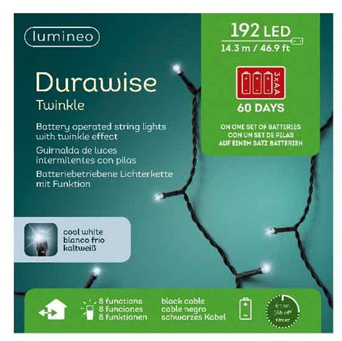 Светодиодная гирлянда на батарейках с контроллером 14.3 м., 192 холодных белых LED ламп, 3 батарейки типа АА, черный ПВХ провод, Kaemingk (497160) в Санкт-Петербурге