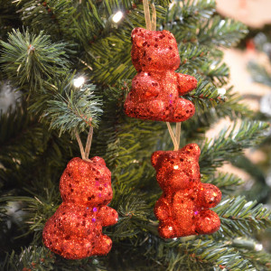 Украшение Мишка красный с блестками 3шт, 7х5 см. (522586)