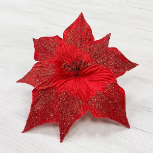 Декоративный цветок Пуансеттия 30 см., красный с блестками, на клипсе, Christmas DeLuxe (87132)