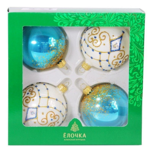С1790/2 Набор стеклянных шаров Тайна 4 шт., 75 мм., голубой,  Ёлочка