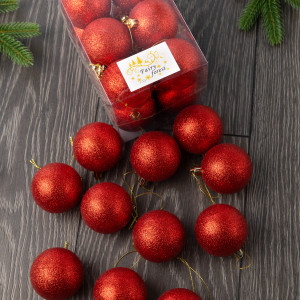 Набор пластиковых шаров Вероника 60 мм., красный глиттер, 12 шт., ЕлкиТорг (150227)