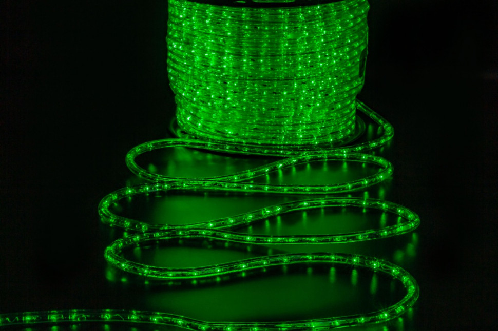 Дюралайт светодиодный 2-х проводной, диаметр 13 мм., 220В, зеленые LED лампы 36 шт на 1 м., бухта 100 м., статика, Teamprof (TPF-DL-2WH-100-240-G)