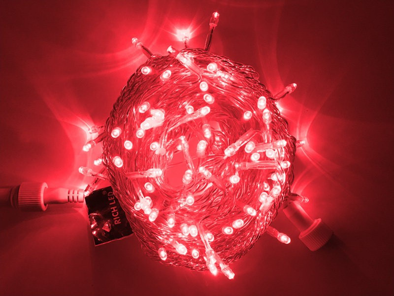 Светодиодная нить с мерцанием 10 м., 220V, 100 красных LED ламп, прозрачный ПВХ провод, Rich LED (RL-S10CF-220V-T/R)