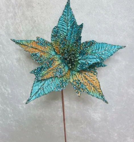 Ветвь-цветок Пуансеттия бирюзовая 64 см., 1 шт., Christmas De Luxe (86687) 