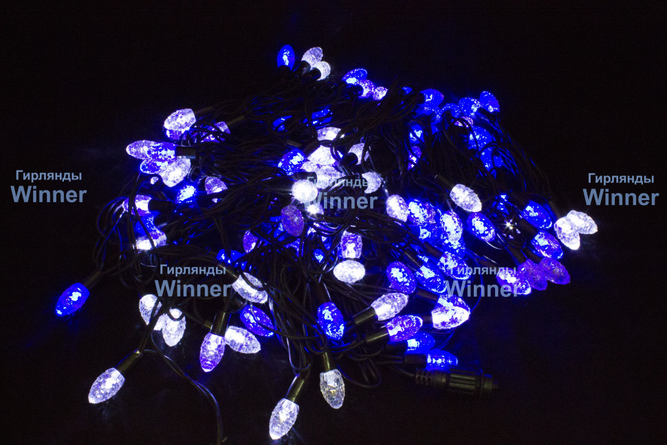 Светодиодная нить Шишки 10 м., 220V, 100 сине-белых LED ламп, черный каучук, соединяемая, Winner (BW.01.7B.100+2,5B)
