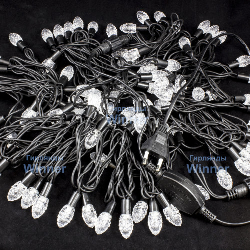 Светодиодная нить Шишки 10 м., 220V, 100 сине-белых LED ламп, черный каучук, соединяемая, Winner (BW.01.7B.100+2,5B)