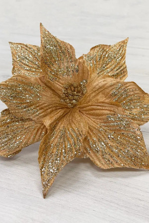 Декоративный цветок Пуансеттия 30 см., розовое золото с блестками, на клипсе, Christmas DeLuxe (87136)